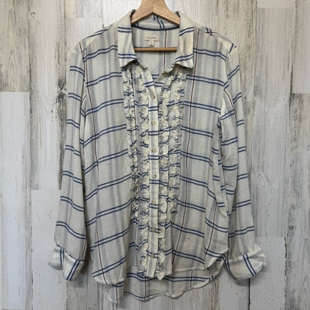 Anthropologie Pilcro Cream Blue Plaid Ruffle Front Button Down Shirt Size M - Picture 2 of 10
